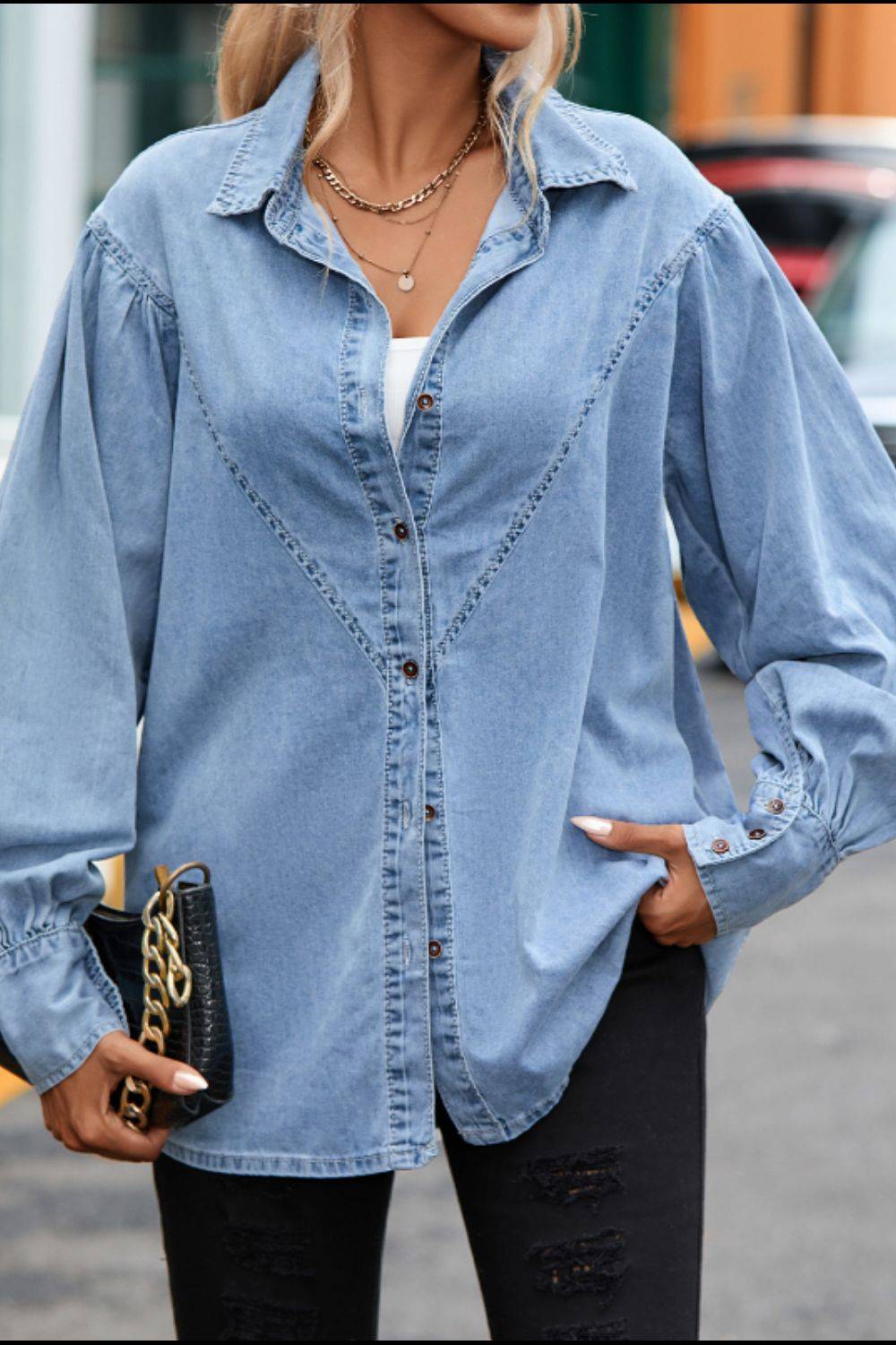 Collared neck lantern sleeve denim top, front view