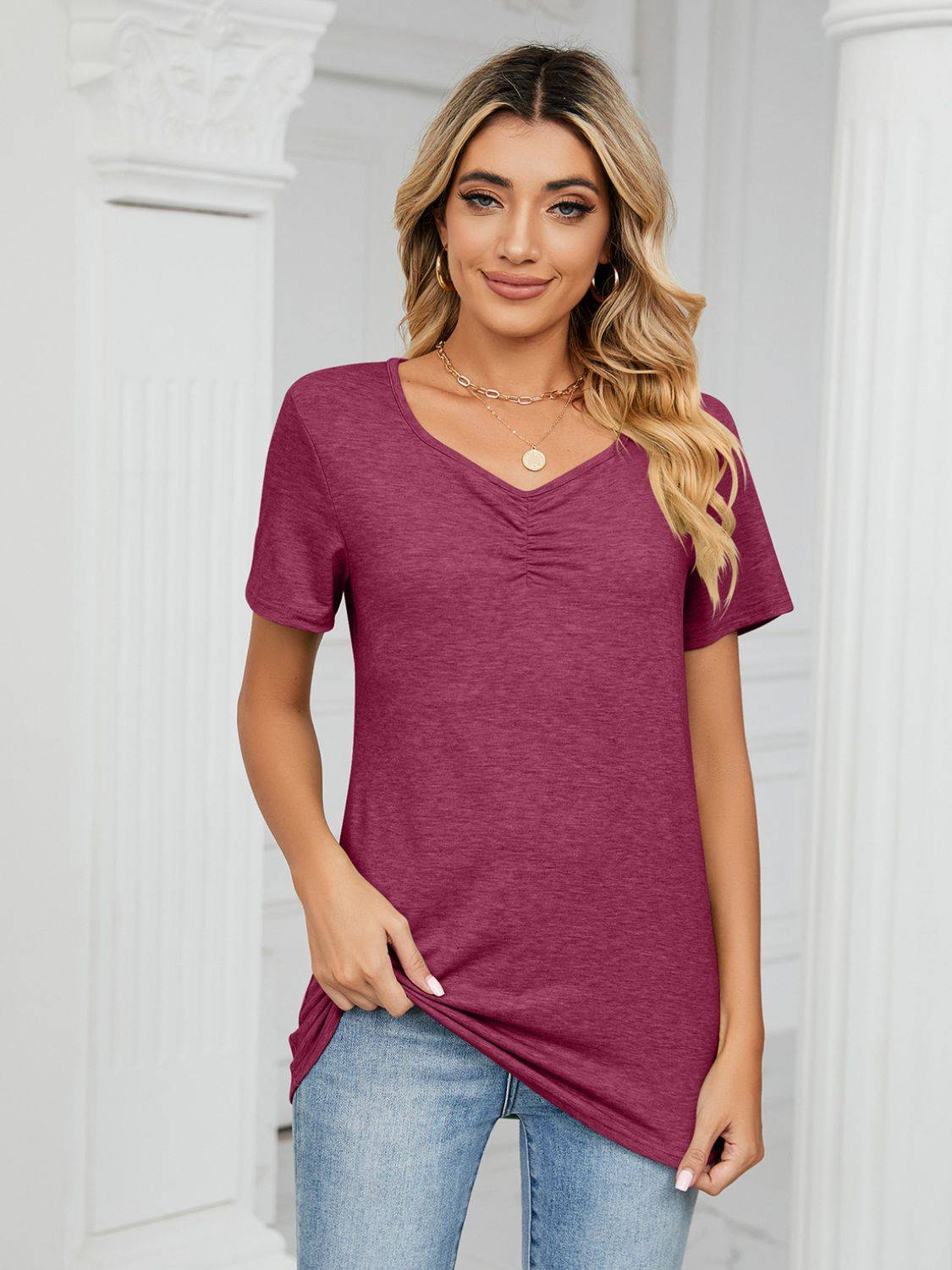 Purple ruched V-neck short sleeve T-shirt front view