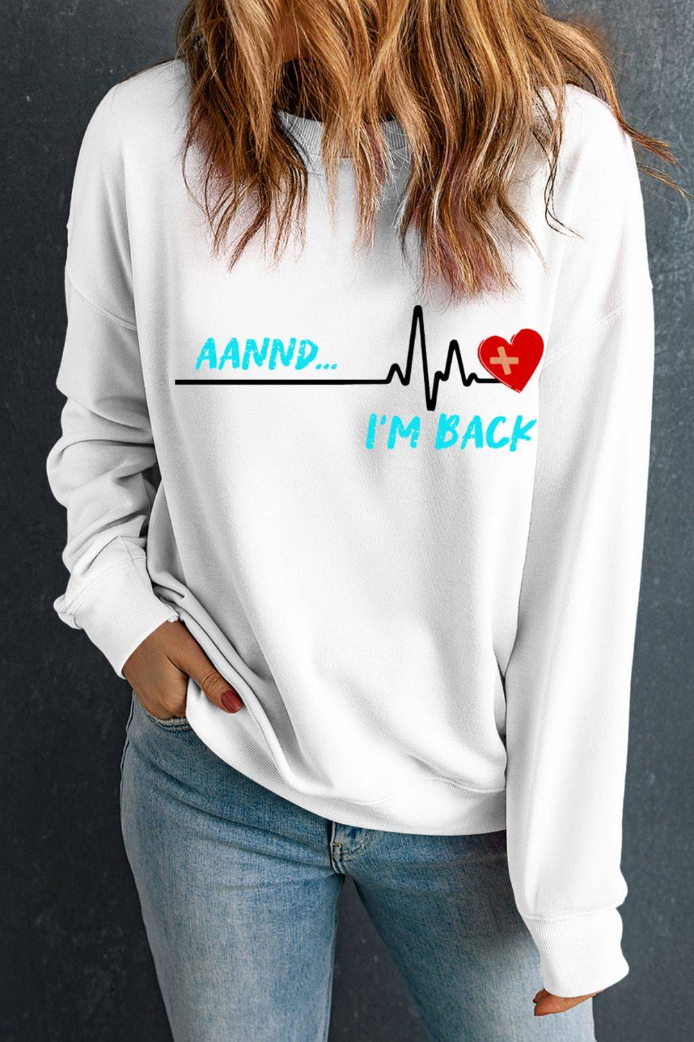 White sweatshirt with graphic heartbeat design