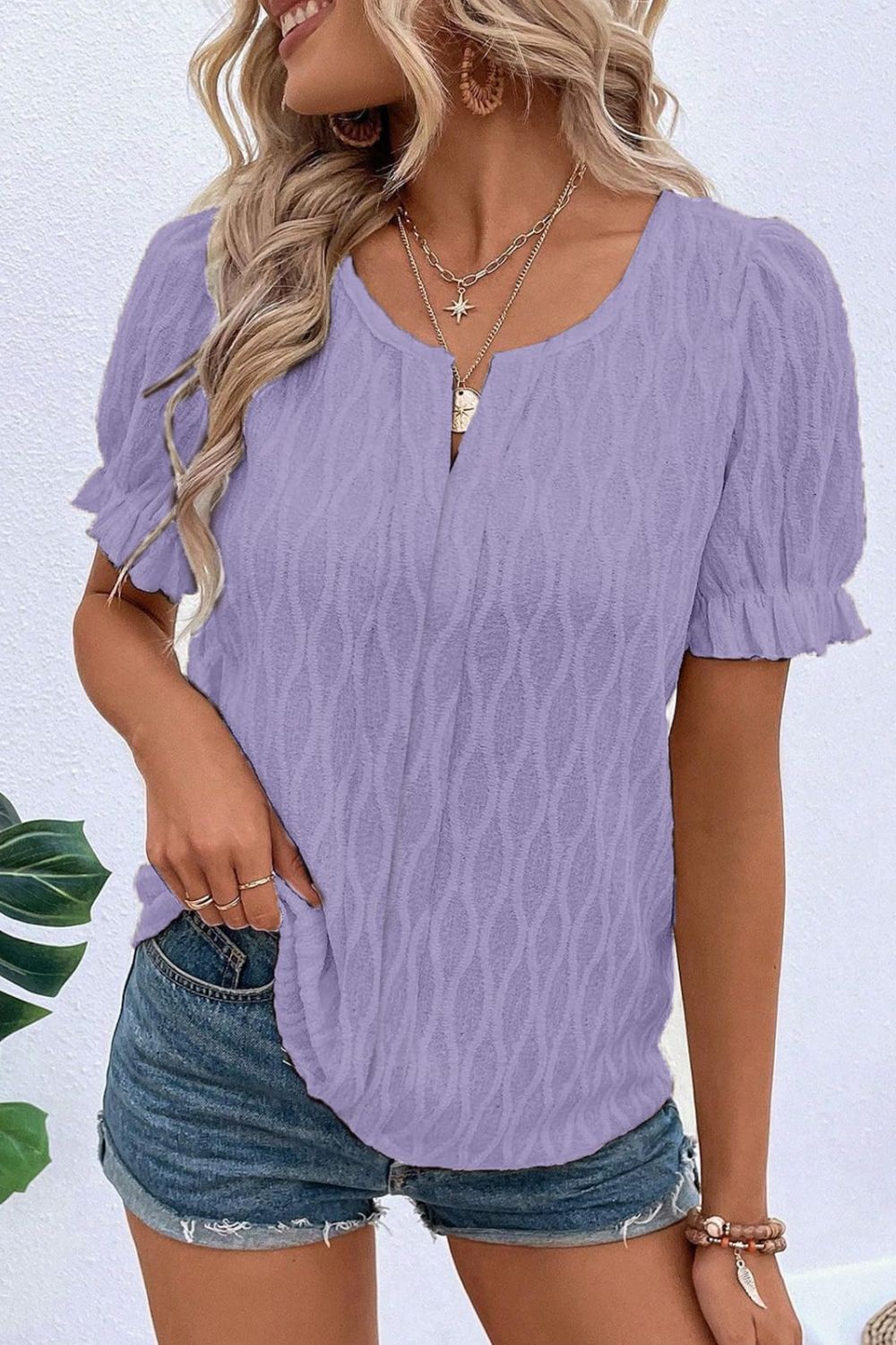 Texture Notched Short Sleeve Blouse