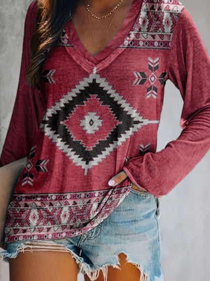 Full Size Geometric V-Neck Long Sleeve T-Shirt Plus Size