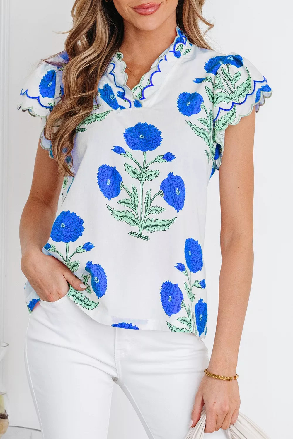 Contrast Scallop Trim Layered Short Sleeve V Neck Blouse