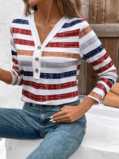 Contrast Striped V-Neck Long Sleeve T-Shirt