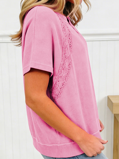 Raw Cut Notched Neck Lace Patchwork Detail Mineral Wash Tee