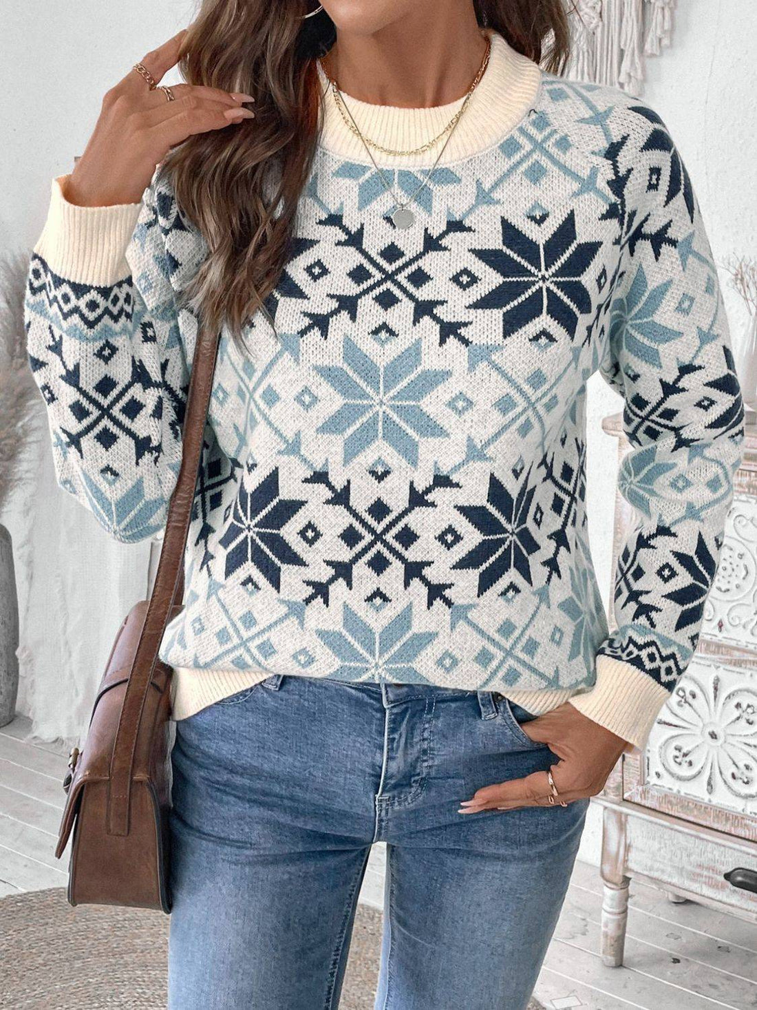 Perfee graphic round neck long sleeve sweater front view