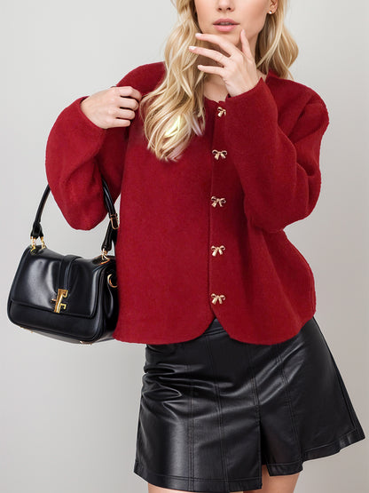 Bow Button Down Round Neck Long Sleeve Cardigan