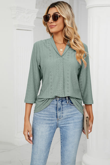 Eyelet Three-Quarter Sleeve Blouse