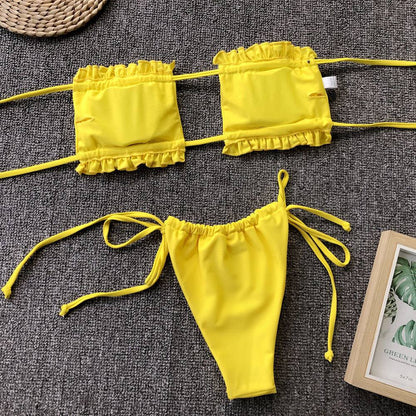 Yellow frill trim ruched bikini set flat lay