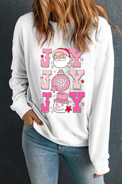 White JOY sweatshirt featuring holiday-themed graphics