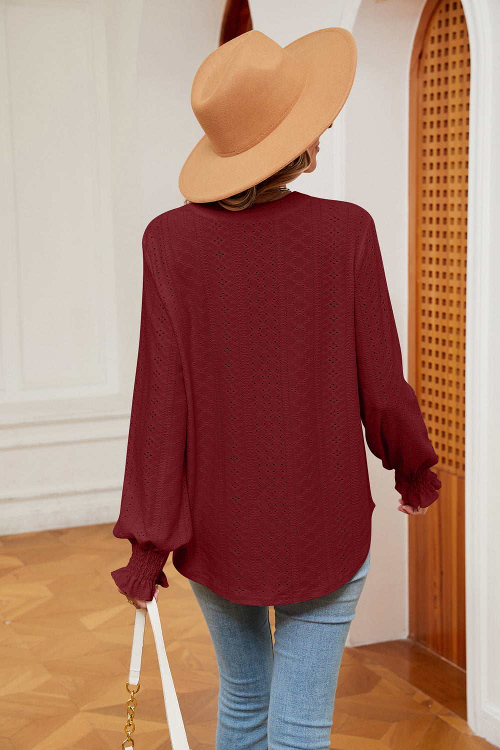 Notched Neck Flounce Sleeve Blouse