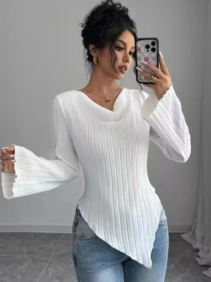 Cowl Neck Ribbed Knit T-Shirt