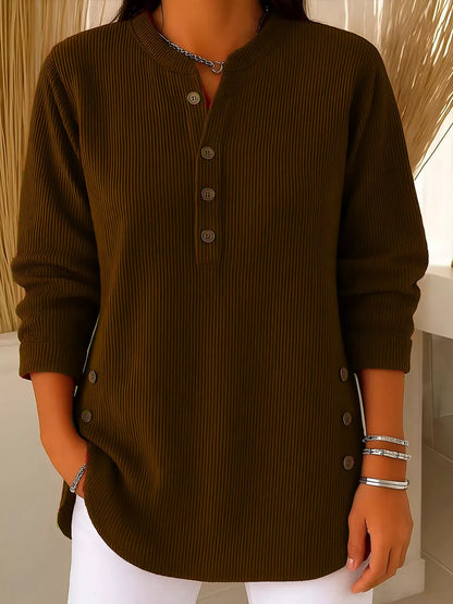 Full Size Ribbed Half Button Henley Top Plus Size