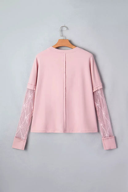 Solid Color Bow Textured Patchwork Long Sleeve Tee