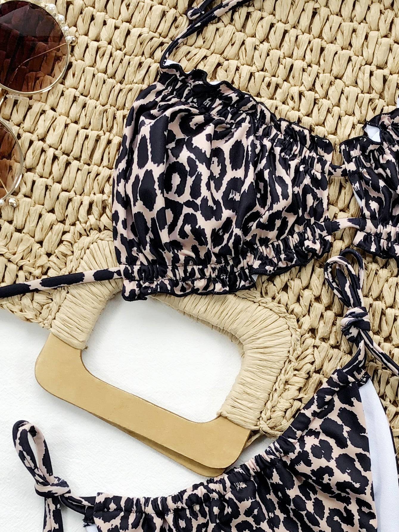 Close-up of leopard print bikini top with frill details