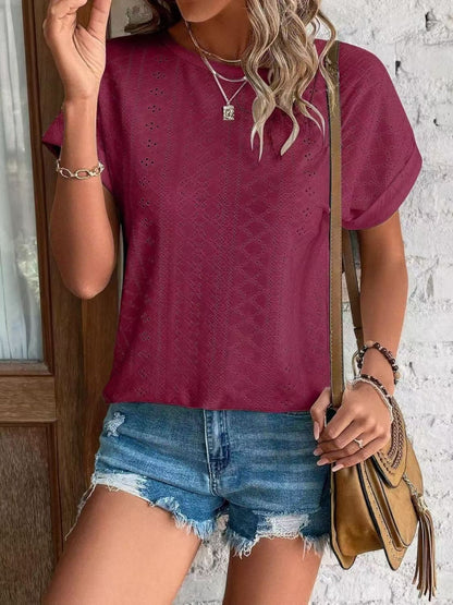 Eyelet Round Neck Short Sleeve Top