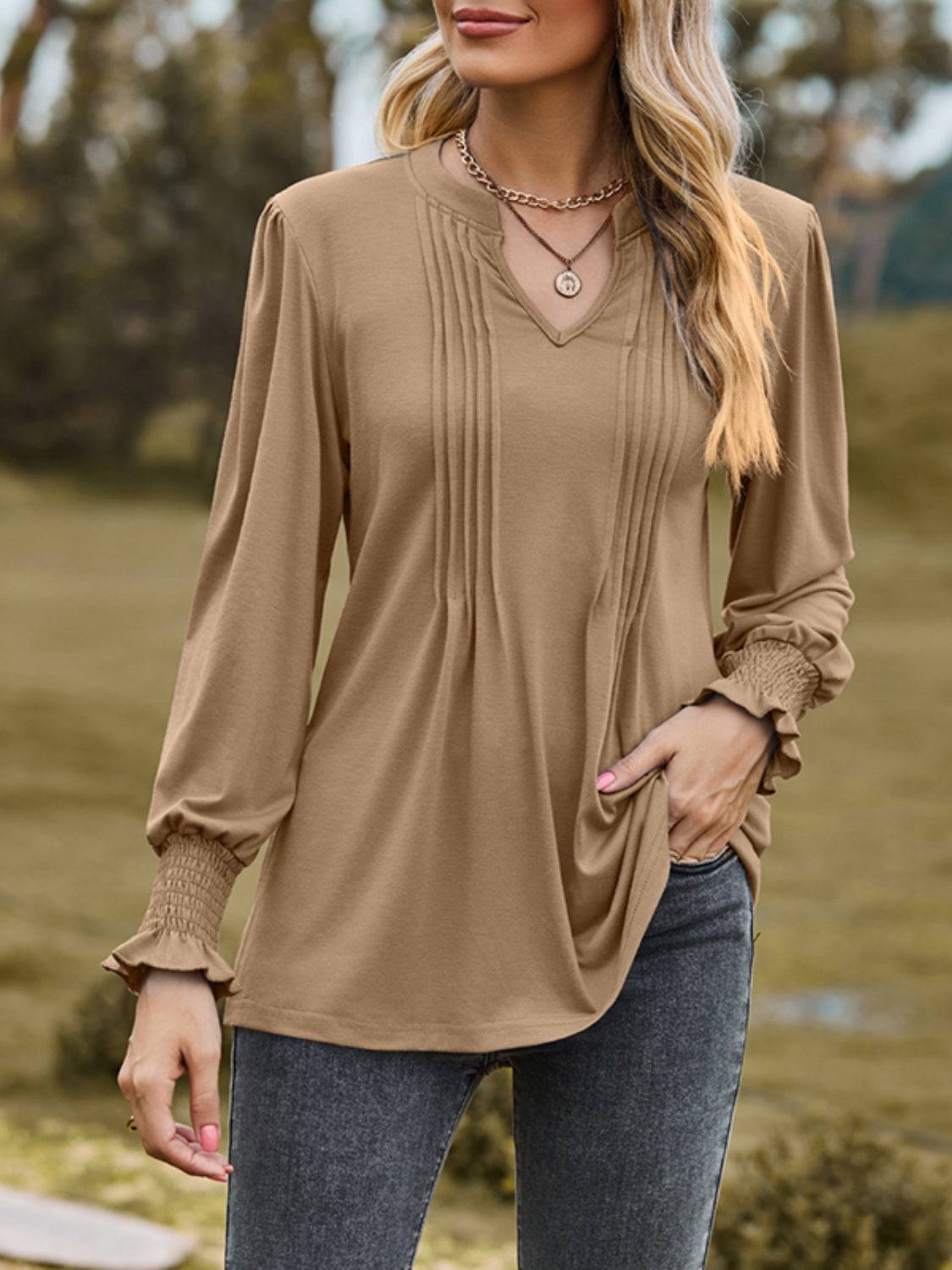 Beige ruched notched long sleeve T-shirt side view