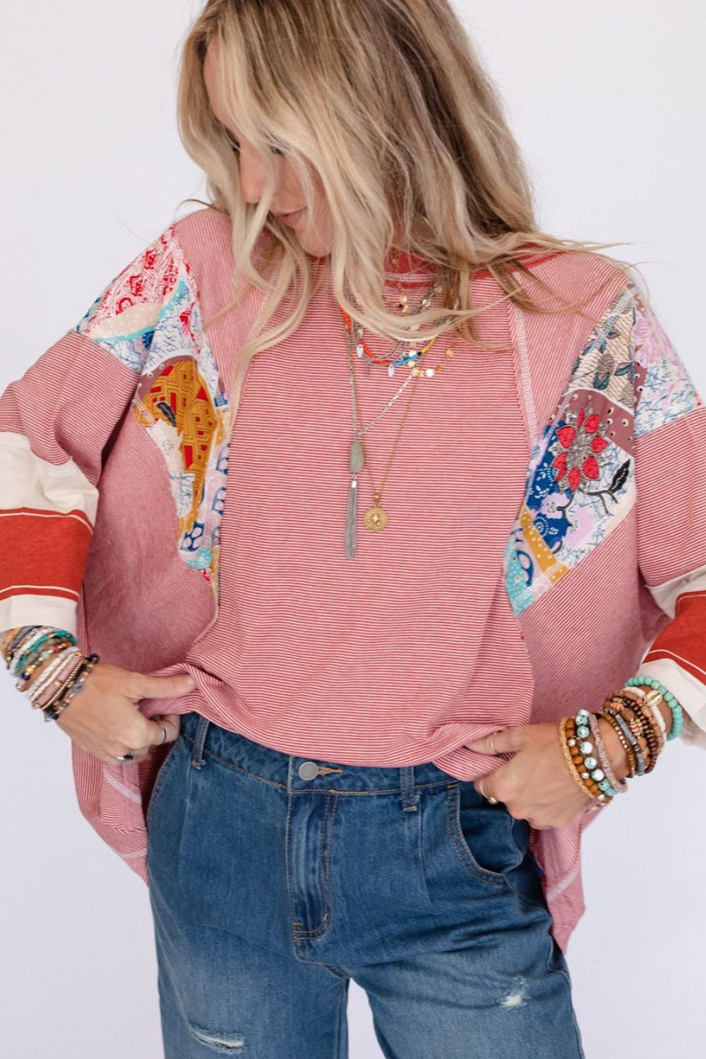 Striped Floral Patchwork Round Neck Top