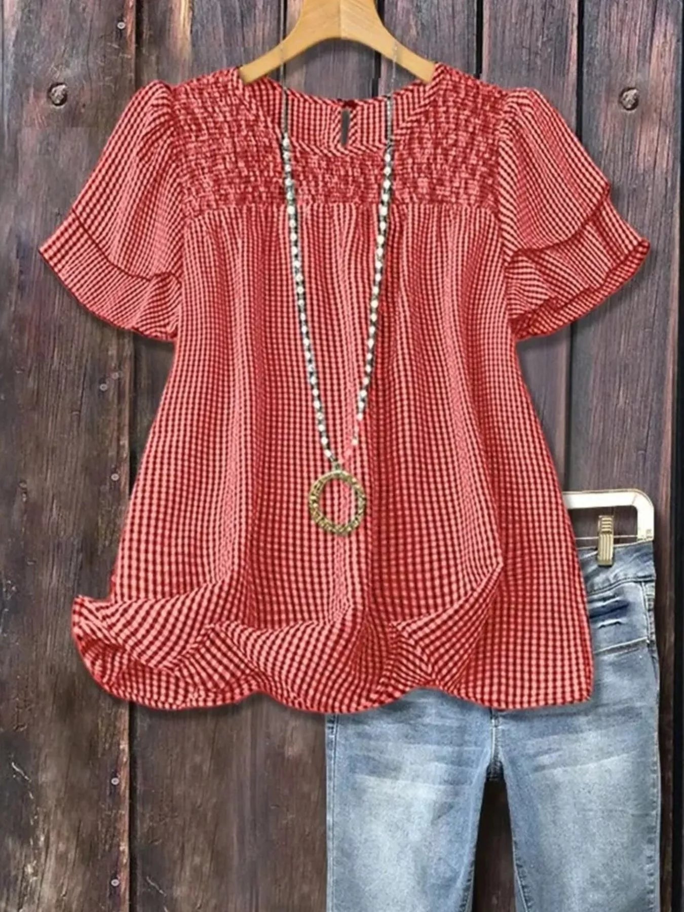 Full Size Gingham Smocked Ruffle Sleeve Blouse Plus Size