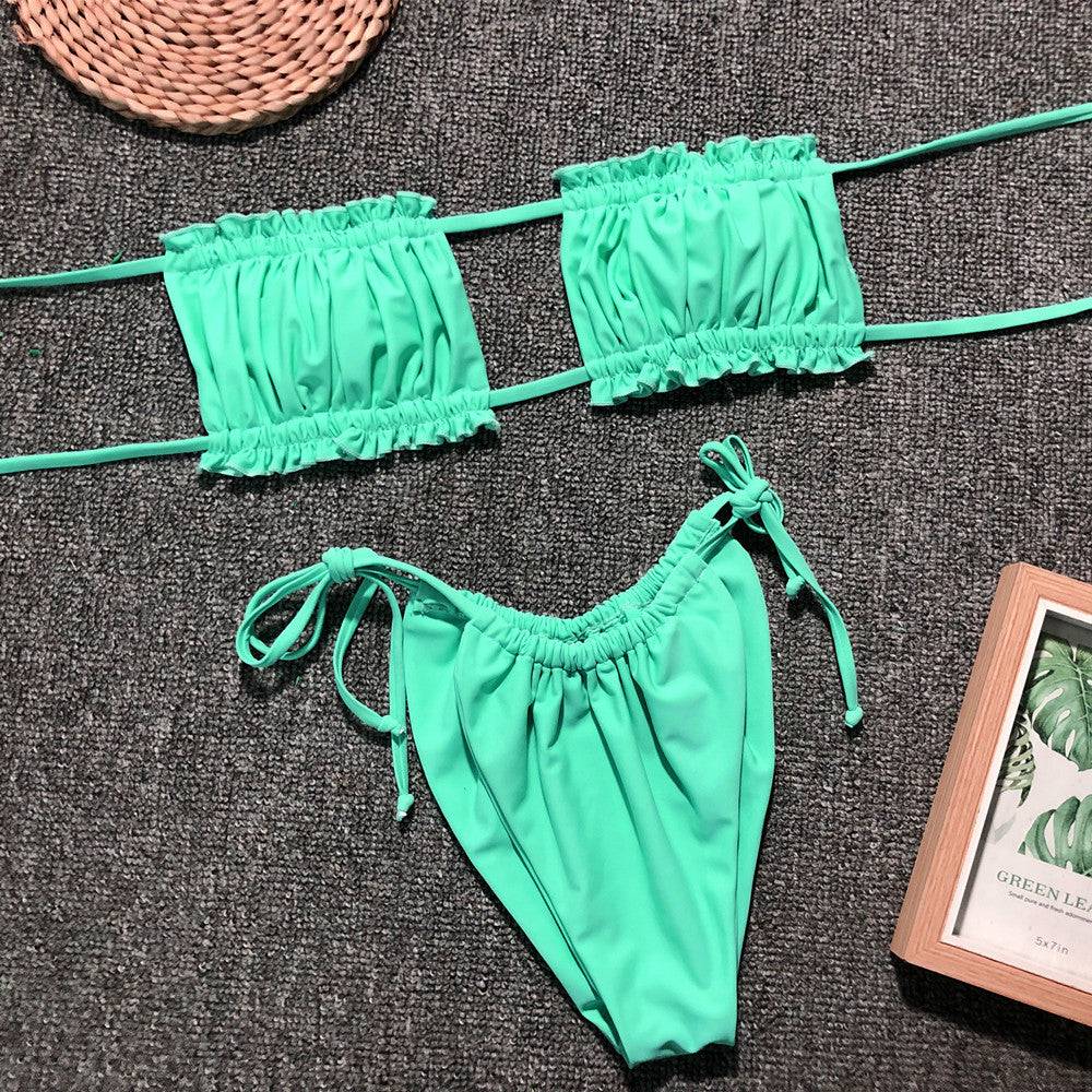 Green frill trim ruched bikini set laid flat