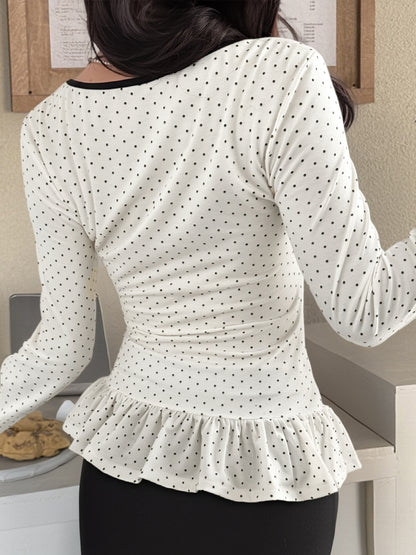 Polka Dot Ruffle Trim Long Sleeve T-Shirt
