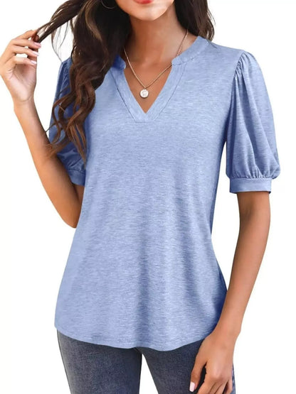 Puff Sleeve Notched Casual T-Shirt