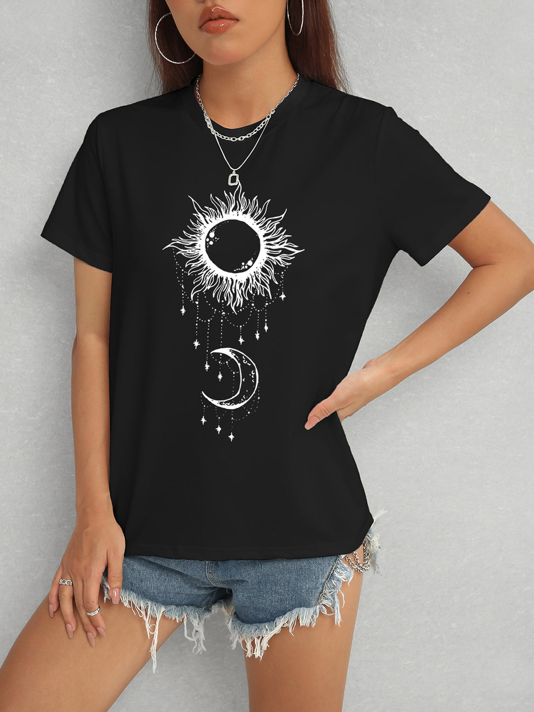 Sun &amp; Moon Graphic Round Neck T-Shirt