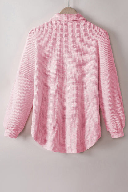 Waffle-Knit Collared Neck Long Sleeve Shirt