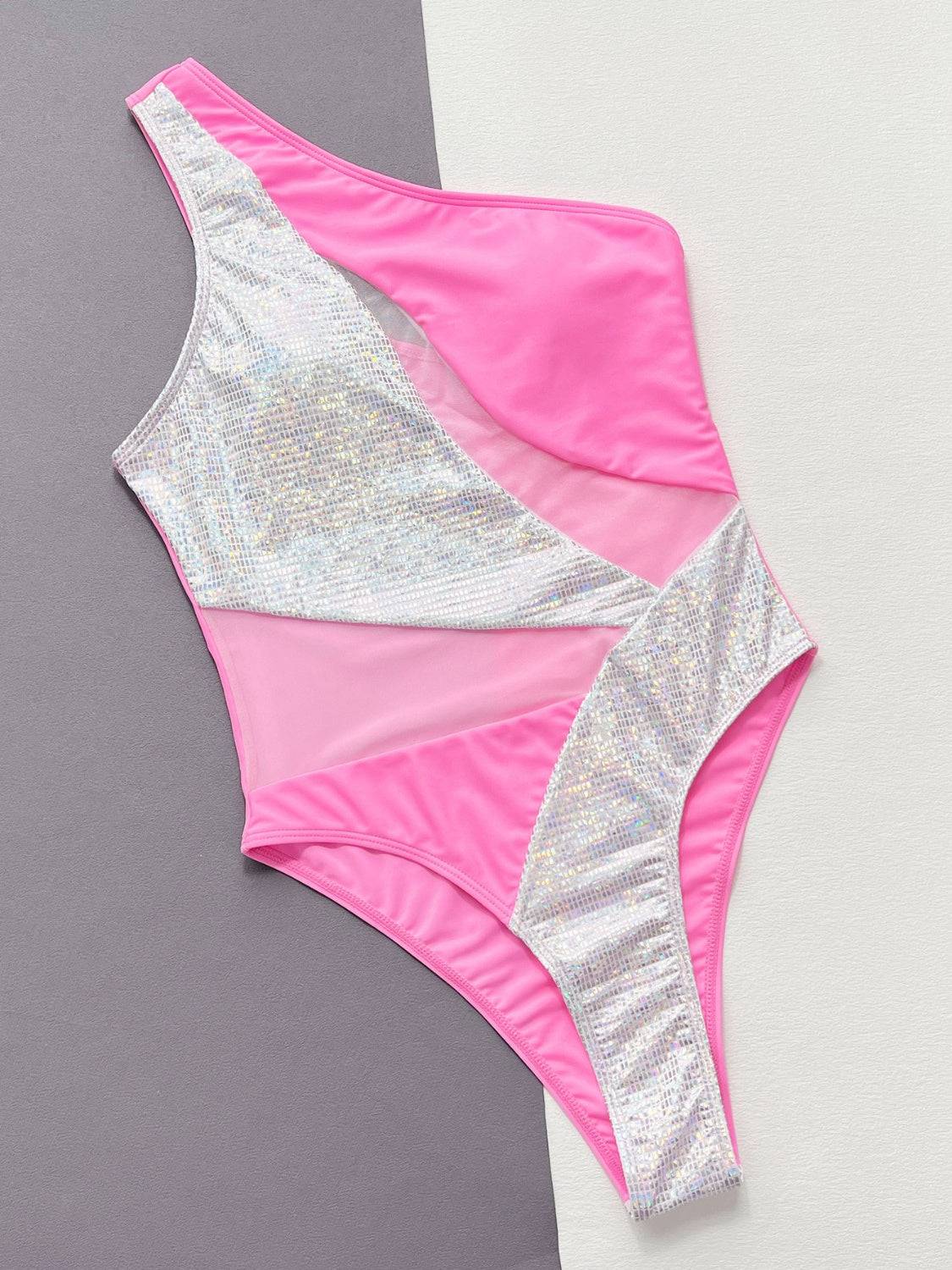 Pink and silver contrast panel swimsuit flat lay