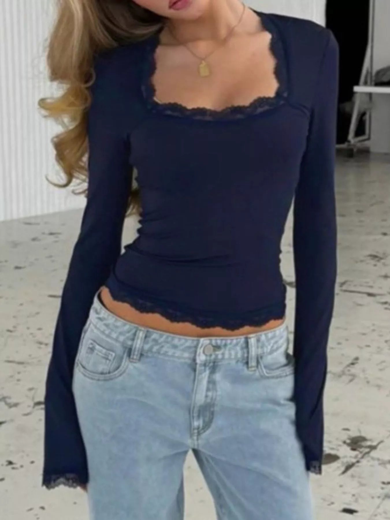 Lace Trim Square Neck Long Sleeve Top