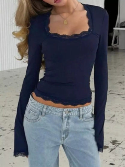 Lace Trim Square Neck Long Sleeve Top