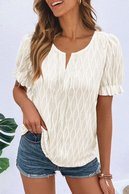 Texture Notched Short Sleeve Blouse