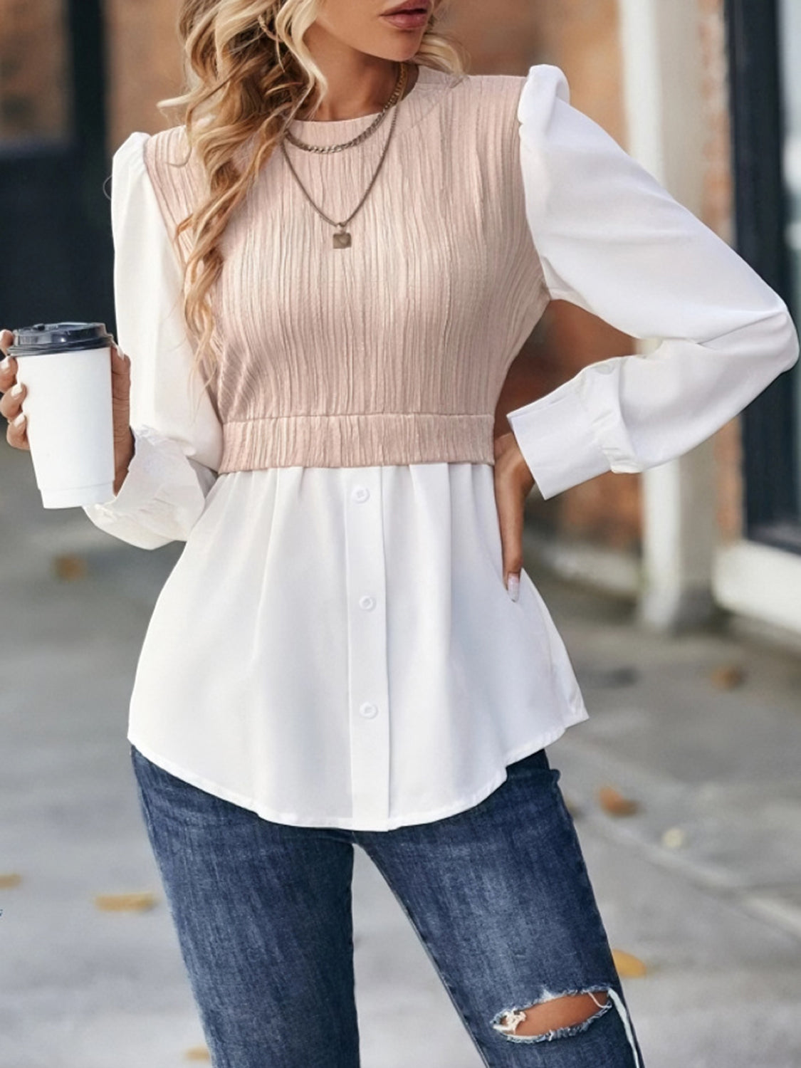 Contrast Round Neck Puff Sleeve Blouse