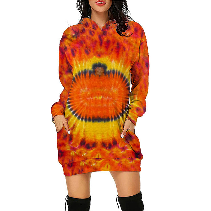 Halloween print mid-length pocket hooded long-sleeved sweatshirt