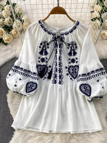 Embroidered Tie Neck Blouse