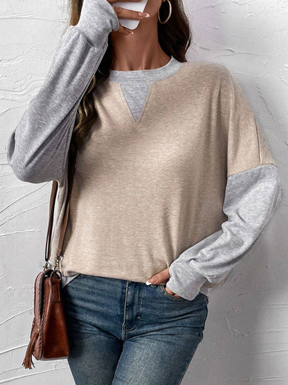 Perfee contrast round neck long sleeve T-shirt styled with jeans