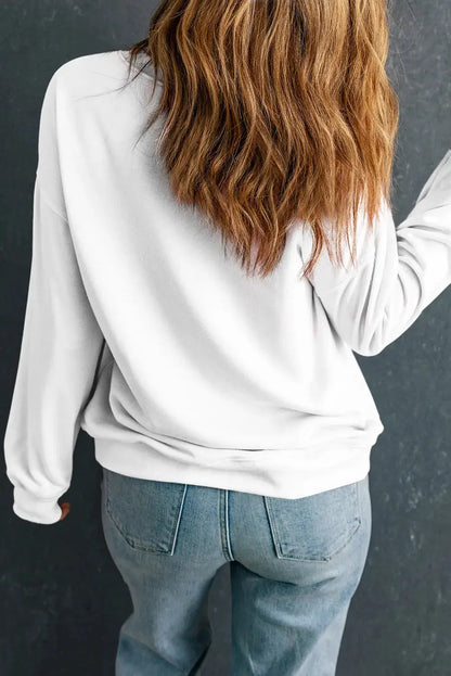 Back view of white long sleeve sweatshirt