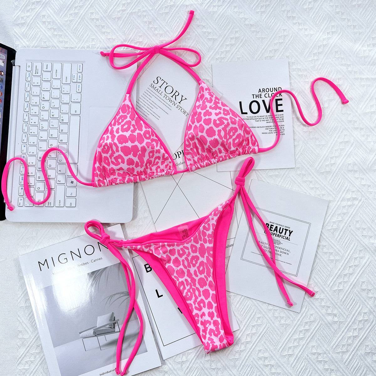 Pink leopard print bikini set with accessories