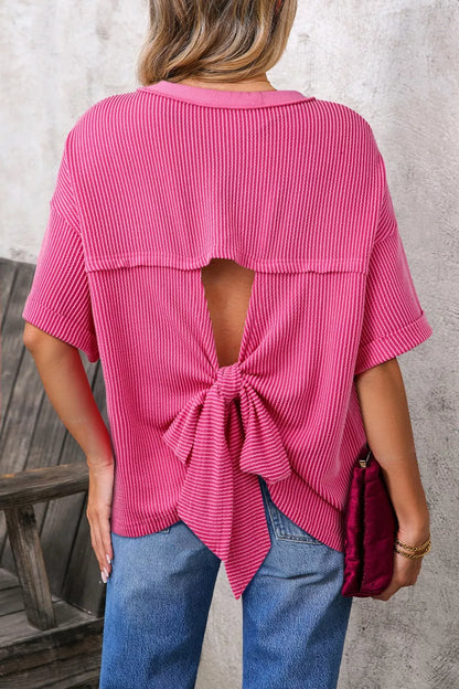 Spiral Ribbed Cutout Bow Knot Back Oversize Top