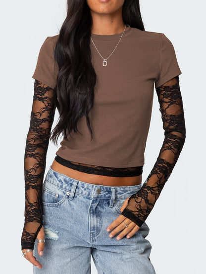 Lace Sleeve Fitted T-Shirt