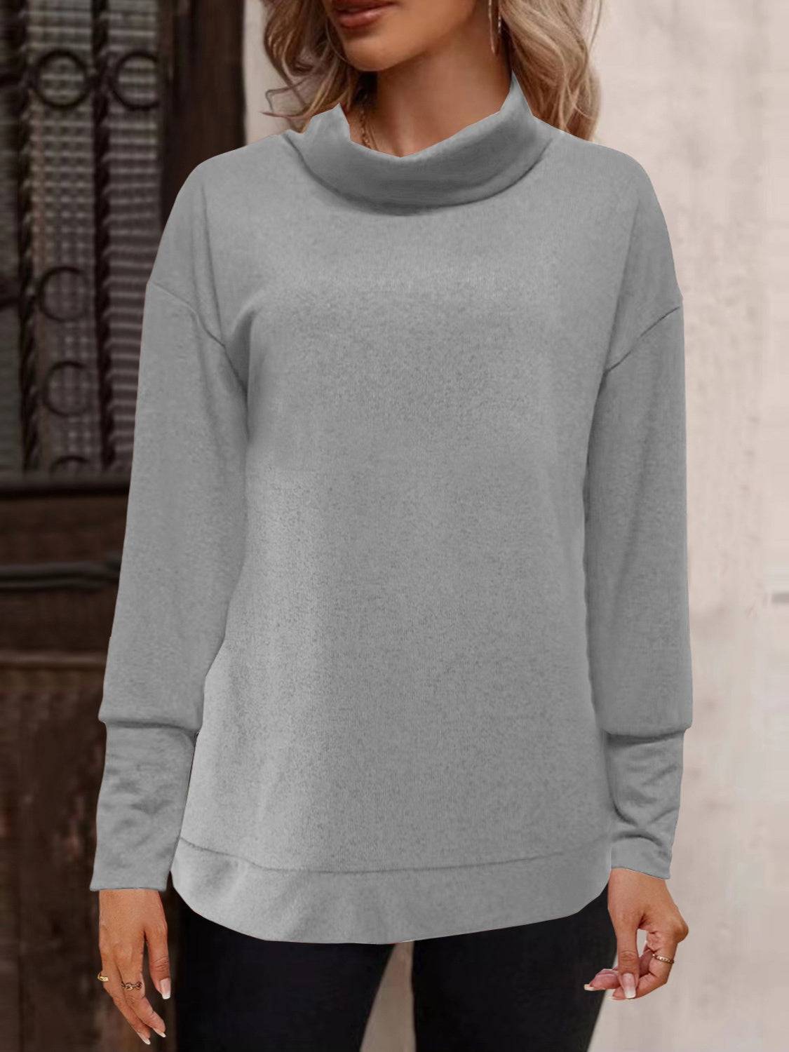 Gray full size mock neck long sleeve t-shirt, front view