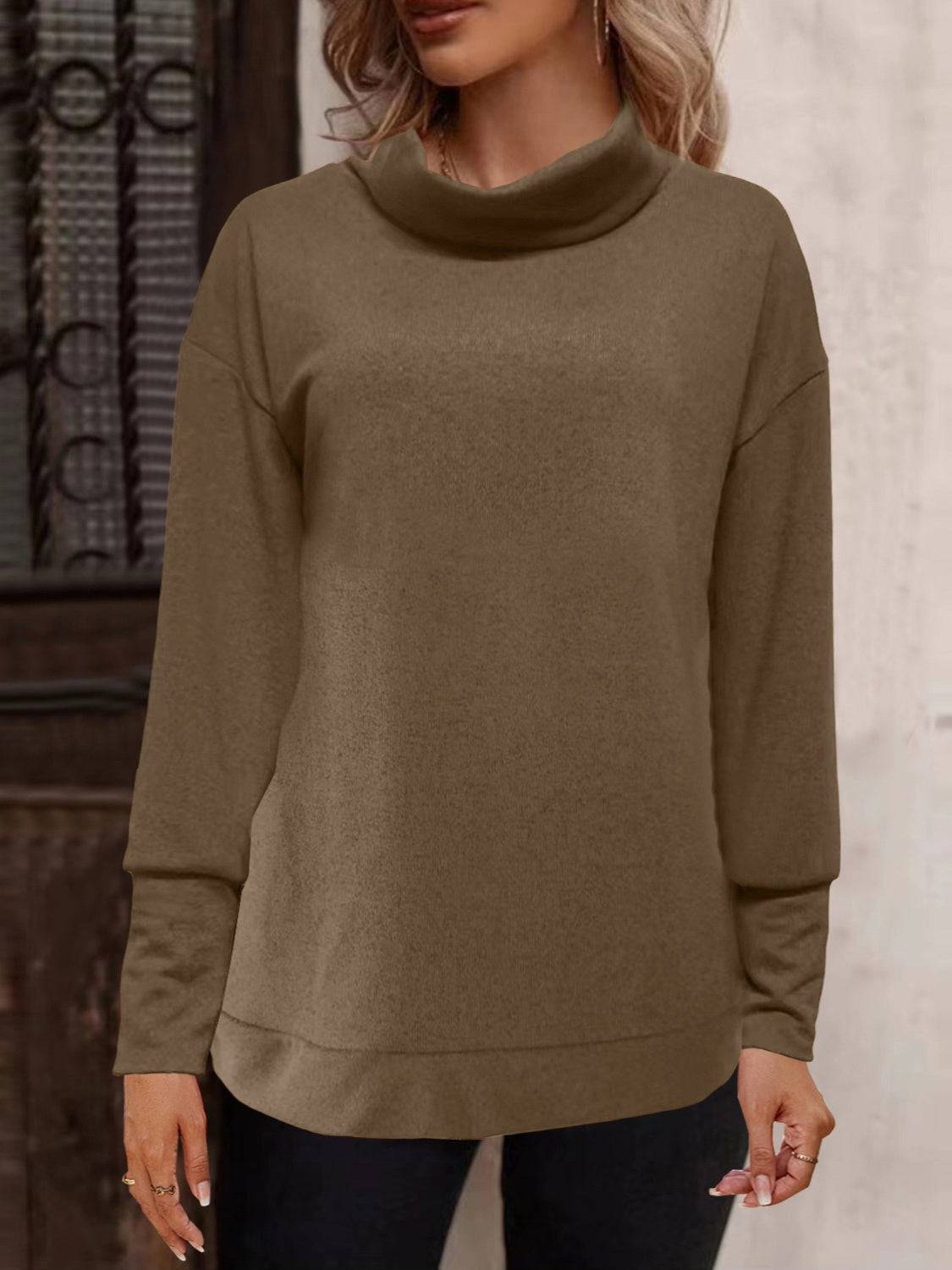 Brown full size mock neck long sleeve t-shirt, front view