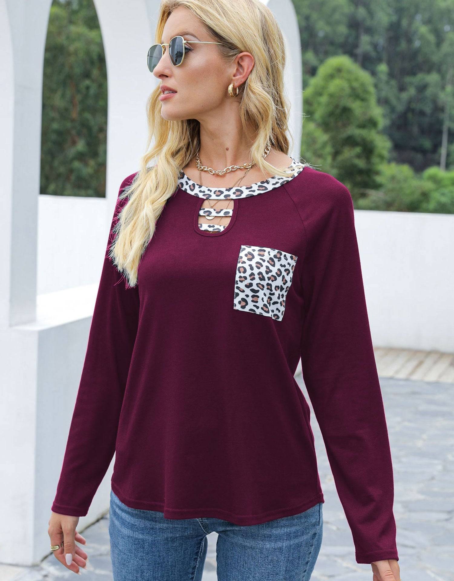 Burgundy cutout leopard round neck long sleeve t-shirt