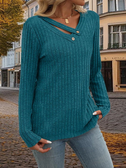 Ribbed V-Neck Long Sleeve T-Shirt