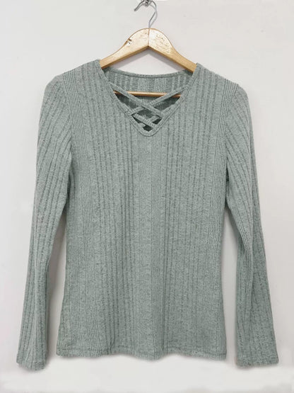 Crisscross V-Neck Ribbed Knit Long Sleeve T-Shirt
