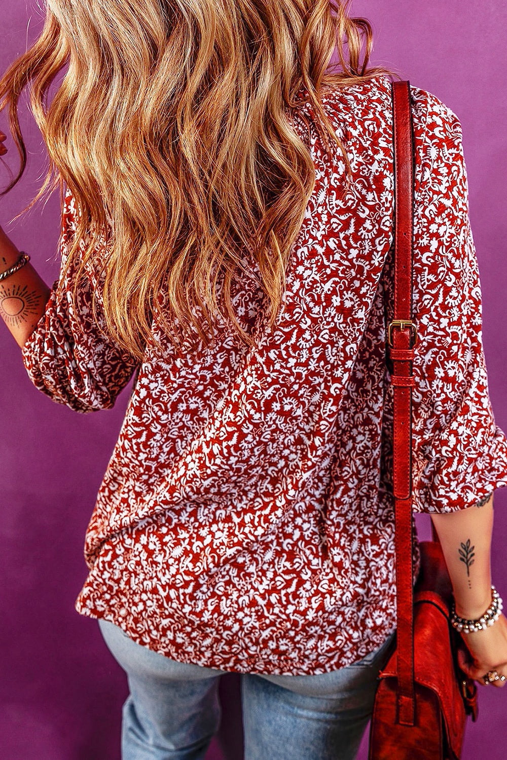 Printed Tie Neck Balloon Sleeve Blouse