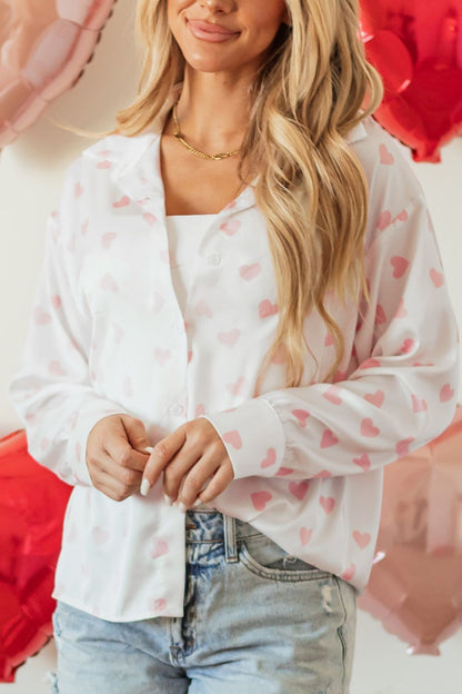 Heart Print Collared Neck Long Sleeve Shirt