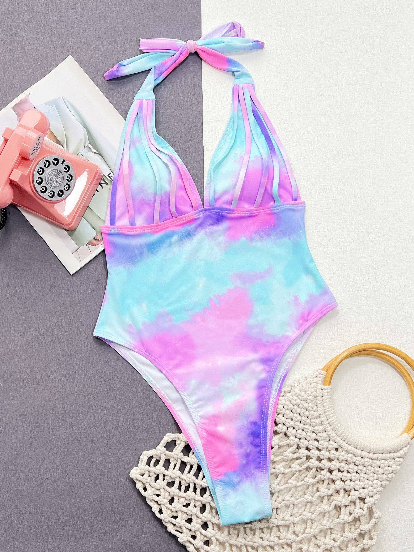 Tie-Dye Halter Neck One-Piece Swimsuit flat lay front