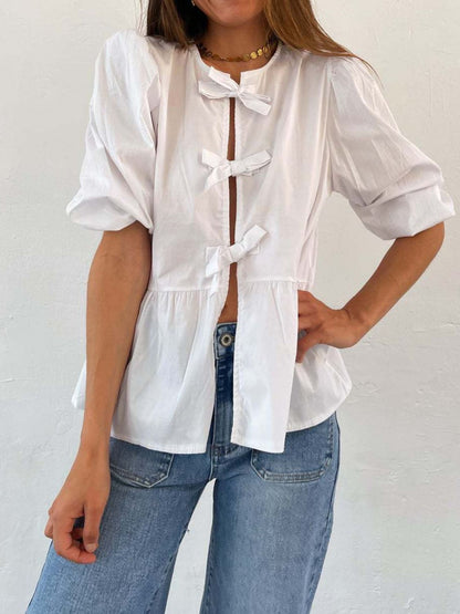 Tied Round Neck Balloon Sleeve Shirt