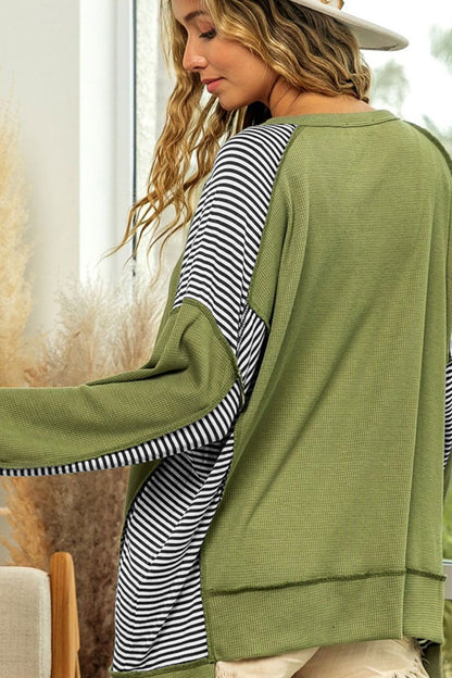 Striped Exposed Seam Half Button Sweatshirt