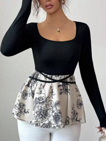 Floral Print Peplum Hem Long Sleeve Top